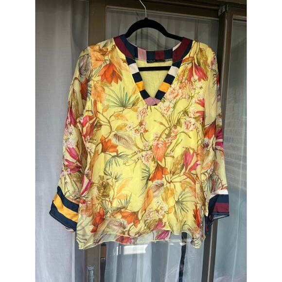 Yellow Floral Silk Top from Lola Italy, Size L - Picture 1 of 6